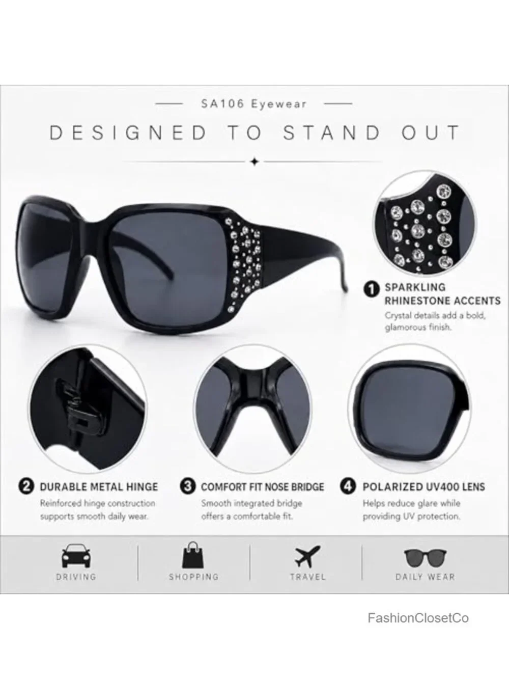 Oversized Rhinestone Bling Sparkling Polarized UV400 Sunglasses